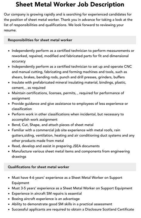 sheet metal engineer job description|sheet metal worker skills.